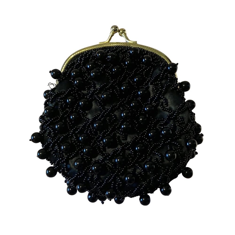 Vintage 60s Black Beaded Coin Purse Handmade Hong Kong Evening Bag Retro Mod MCM